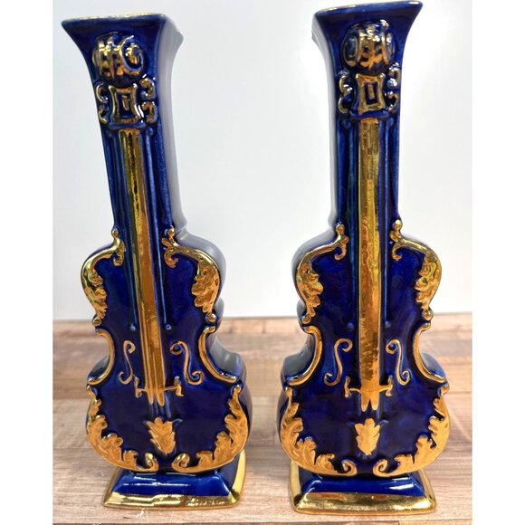 2 Vintage Cobalt Blue & Gold Violin Shaped Ceramic Wall Pockets Decorative - Picture 2 of 5